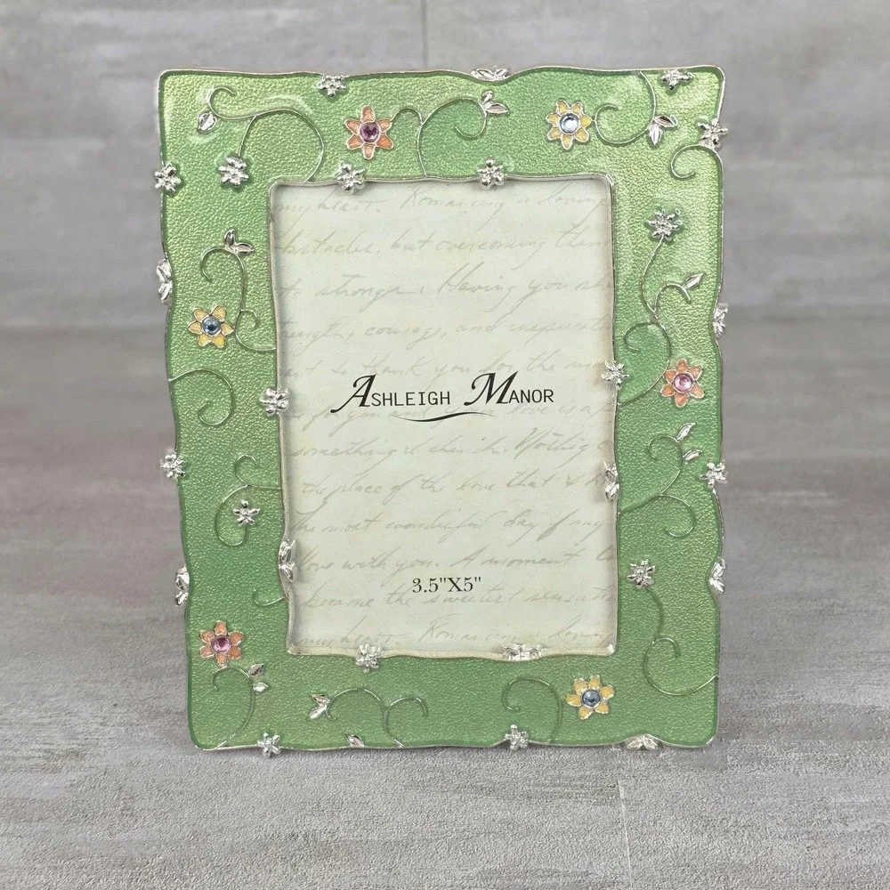 Ashleigh Manor Floral Ornate Green Enamel Photo Picture Frame 3.5x5